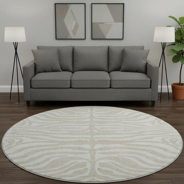 HomeRoots 8' Beige and Ivory Animal Print Round Rug – Washable, UV-Protected, Modern Style for Any Room 681734