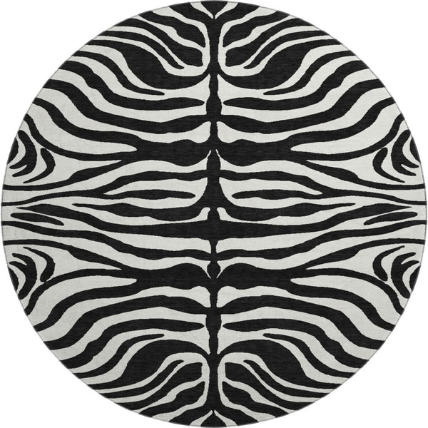 HomeRoots 8' Black And Ivory Animal Print Round Rug – Washable, UV-Protected, Stylish & Pet-Friendly Design! 681740