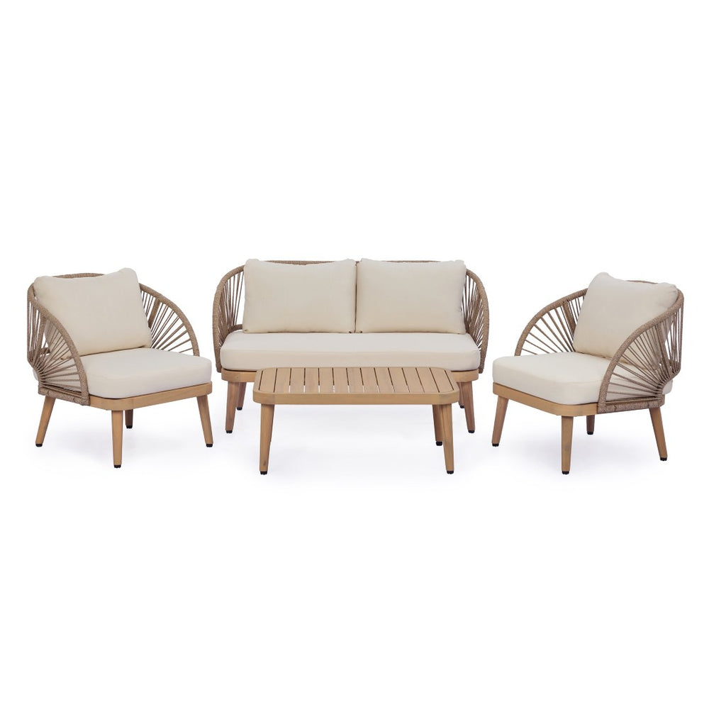 English Elm 4-piece Acacia Outdoor Lounge Set with Rope Woven Arms Slatted Table and Cushions N767P368978L