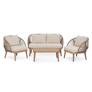 English Elm 4-piece Acacia Outdoor Lounge Set with Rope Woven Arms Slatted Table and Cushions N767P368978L