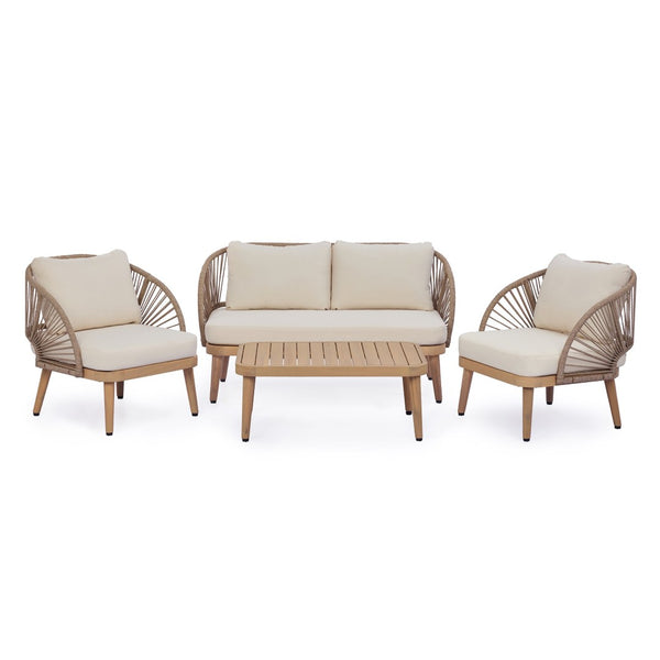 English Elm 4-piece Acacia Outdoor Lounge Set with Rope Woven Arms Slatted Table and Cushions N767P368978L