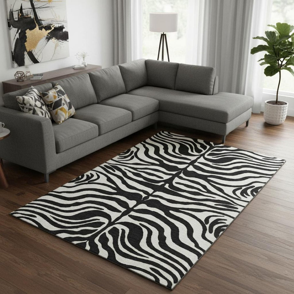 HomeRoots 10' X 14' Black And Ivory Animal Print Rug – Washable, UV-Protected, Stain-Resistant & Stylish! 681743