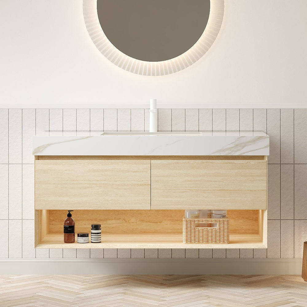 English Elm FRIGGA 48" Bathroom Vanity with Calacatta Gold Sintered Stone Top, Ceramic Basin, LED Sensor Light, Plywood Cabinet W2615S00294