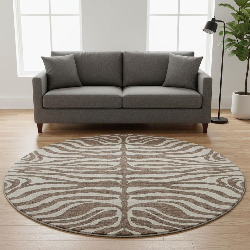 HomeRoots 8' Brown and Beige Animal Print Washable Round Rug – Durable, Stylish, UV-Protected for Any Space 681746