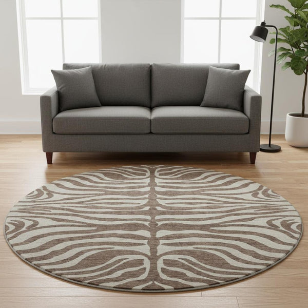 HomeRoots 8' Brown and Beige Animal Print Washable Round Rug – Durable, Stylish, UV-Protected for Any Space 681746