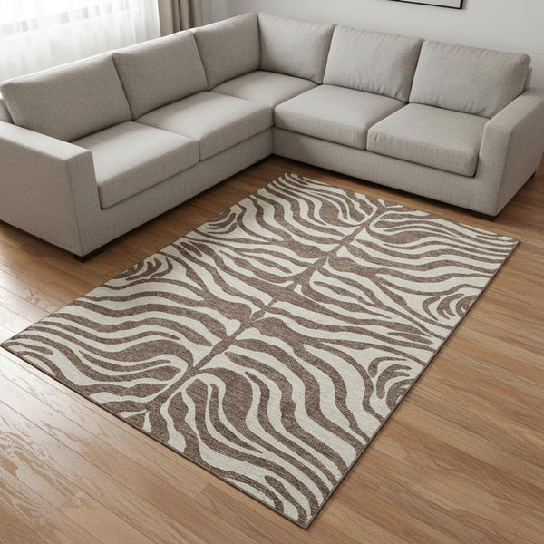 HomeRoots 9' X 12' Brown & Beige Animal Print Area Rug - Durable, Washable, UV-Protected for Modern Homes 681748