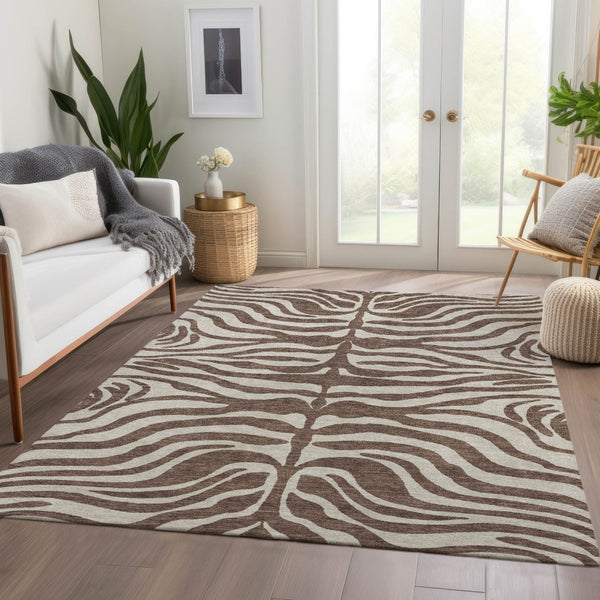 HomeRoots 9' X 12' Brown & Beige Animal Print Area Rug - Durable, Washable, UV-Protected for Modern Homes 681748