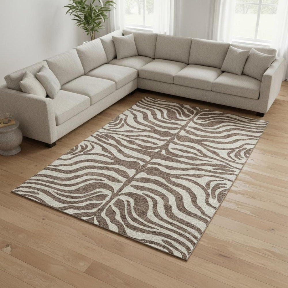HomeRoots 10' Animal Print Area Rug - Stylish Brown & Beige, Washable, UV Protected, Perfect for Homes with Pets! 681749