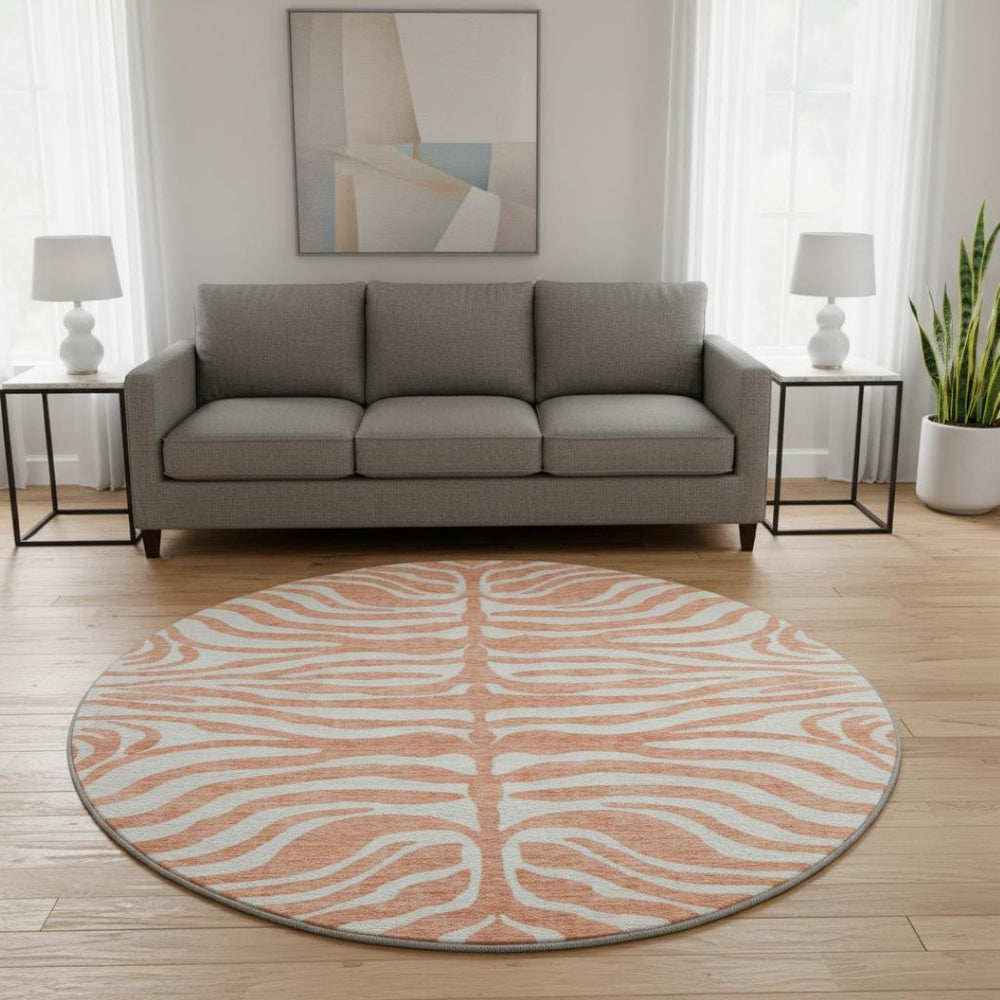 HomeRoots 8' Coral and Ivory Animal Print Round Rug - Washable, UV Protected, Durable Design for High Traffic Areas 681752