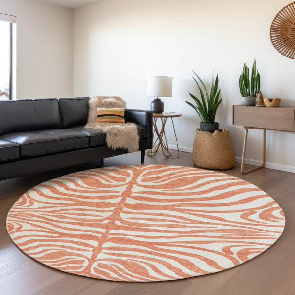 HomeRoots 8' Coral and Ivory Animal Print Round Rug - Washable, UV Protected, Durable Design for High Traffic Areas 681752