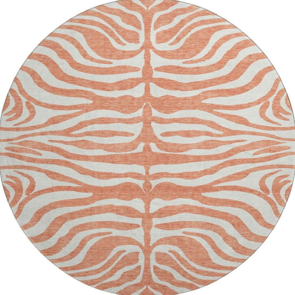 HomeRoots 8' Coral and Ivory Animal Print Round Rug - Washable, UV Protected, Durable Design for High Traffic Areas 681752