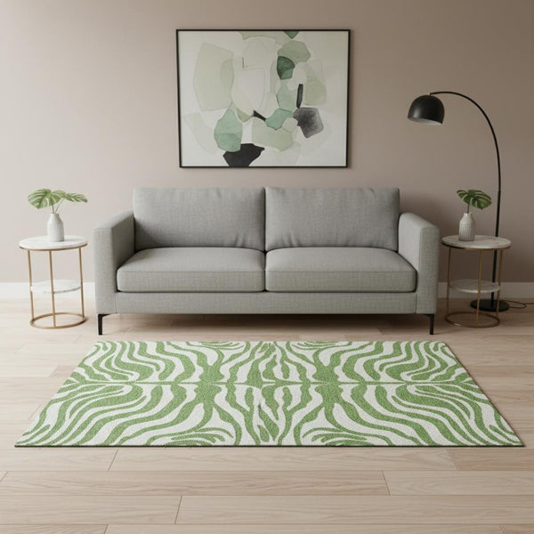 HomeRoots 5' X 8' Green And Ivory Animal Print Washable Area Rug - Stylish, Durable, UV-Protected & Family-Friendly 681757