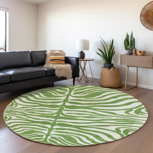 HomeRoots 8' Green And Ivory Animal Print Round Rug – Washable, UV Protected, Durable, Family-Friendly Design 681758