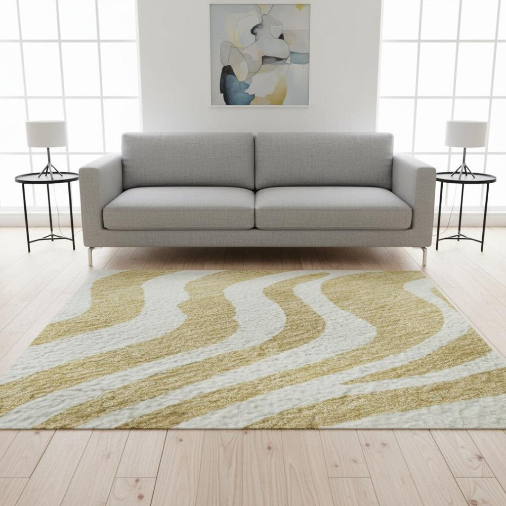 HomeRoots 5' X 8' Gold and Ivory Animal Print Washable Area Rug - Durable, UV-Protected, Modern Design for Homes 681763