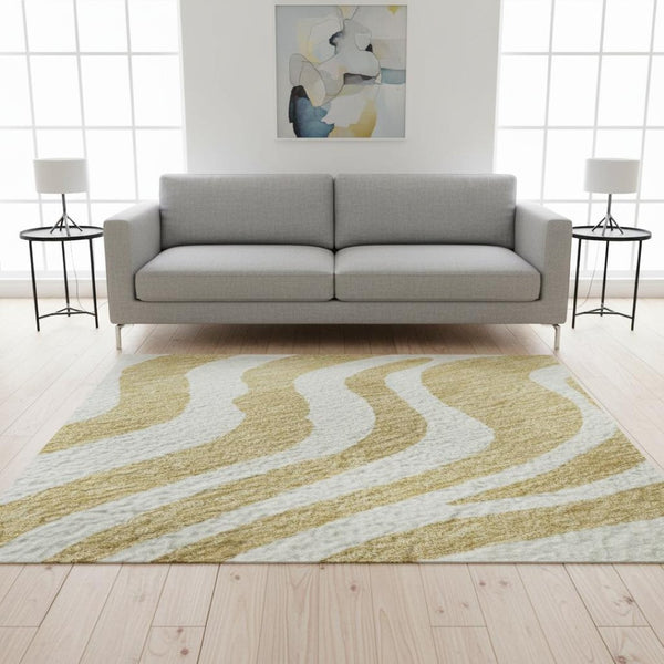 HomeRoots 5' X 8' Gold and Ivory Animal Print Washable Area Rug - Durable, UV-Protected, Modern Design for Homes 681763