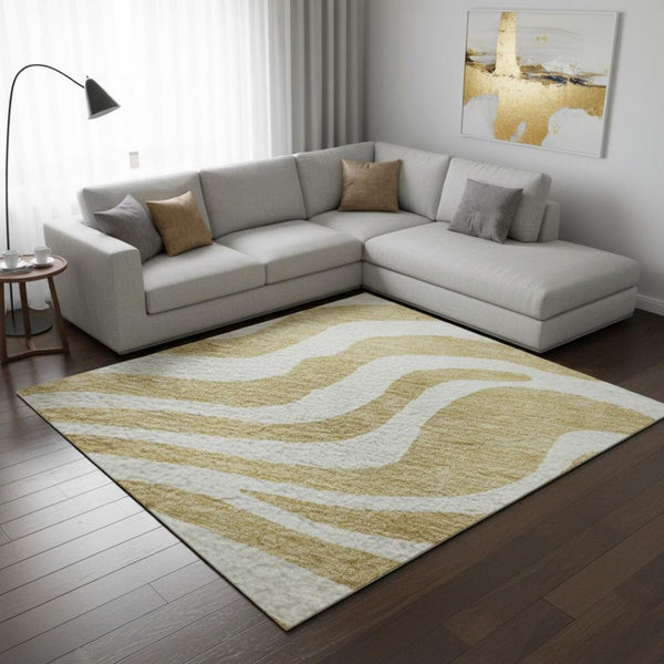 HomeRoots 9' X 12' Gold and Ivory Animal Print Area Rug - Washable, Stain Resistant and UV Protected for Style 681766