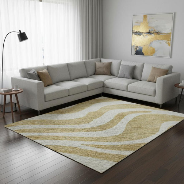HomeRoots 10' Gold and Ivory Animal Print Area Rug – Washable, UV-Protected, Ideal for High-Traffic Homes! 681767