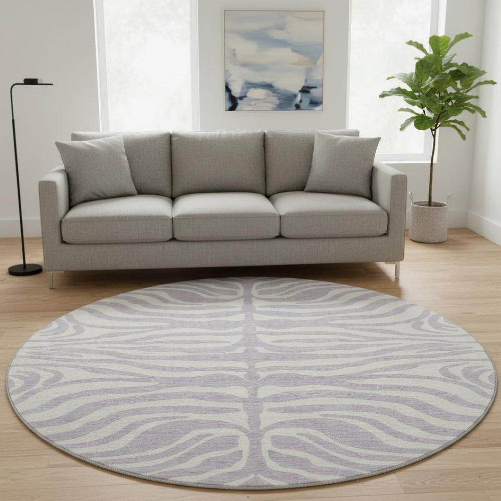 HomeRoots 8' Stylish Lavender and Ivory Animal Print Washable Round Rug with UV Protection for Modern Homes 681776