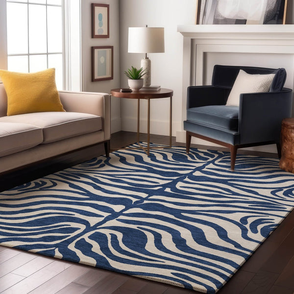 HomeRoots 5' X 8' Navy Blue & Ivory Animal Print Rug - Stylish, Washable, UV-Protected for Pet-Friendly Homes 681781