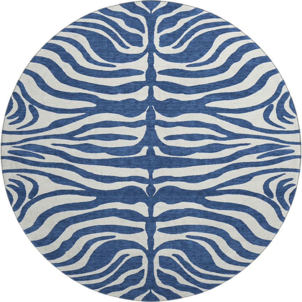 HomeRoots 8' Navy Blue and Ivory Animal Print Washable Round Rug with UV Protection for Stylish Spaces 681782