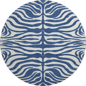 HomeRoots 8' Navy Blue and Ivory Animal Print Washable Round Rug with UV Protection for Stylish Spaces 681782