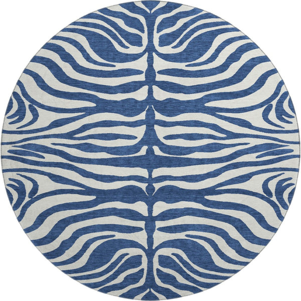 HomeRoots 8' Navy Blue and Ivory Animal Print Washable Round Rug with UV Protection for Stylish Spaces 681782