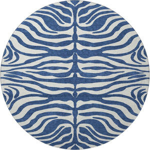 HomeRoots 8' Navy Blue and Ivory Animal Print Washable Round Rug with UV Protection for Stylish Spaces 681782
