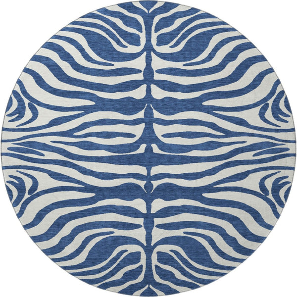 HomeRoots 8' Navy Blue and Ivory Animal Print Washable Round Rug with UV Protection for Stylish Spaces 681782