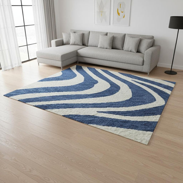 HomeRoots 9' X 12' Stylish Navy Blue & Ivory Animal Print Area Rug - Washable, UV Protected, Easy Care Design 681784