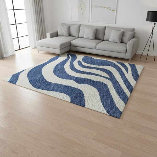 HomeRoots 10' Navy Blue & Ivory Animal Print Area Rug - Washable, UV-Protected, Durable for High-Traffic Spaces 681785