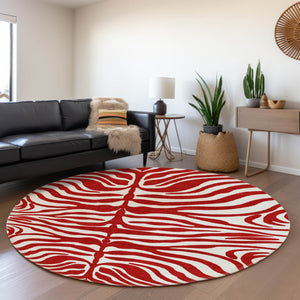 HomeRoots 8' Red And Ivory Animal Print Washable Round Rug – UV Protected, Stain Resistant, Perfect for High-Traffic Areas 681800