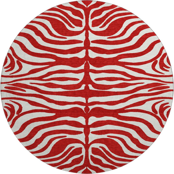 HomeRoots 8' Red And Ivory Animal Print Washable Round Rug – UV Protected, Stain Resistant, Perfect for High-Traffic Areas 681800