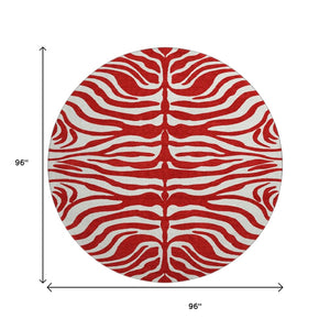 HomeRoots 8' Red And Ivory Animal Print Washable Round Rug – UV Protected, Stain Resistant, Perfect for High-Traffic Areas 681800