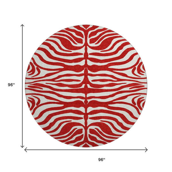 HomeRoots 8' Red And Ivory Animal Print Washable Round Rug – UV Protected, Stain Resistant, Perfect for High-Traffic Areas 681800