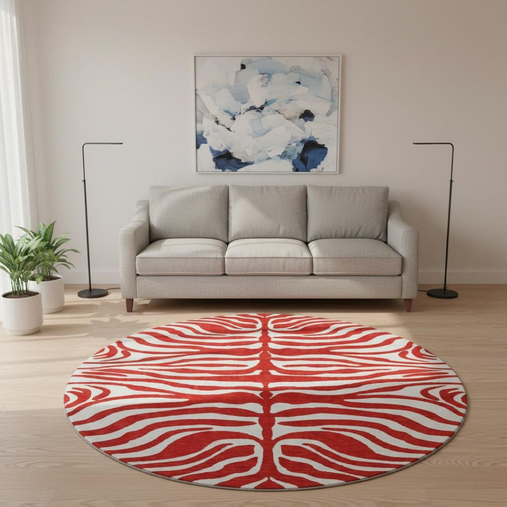 HomeRoots 8' Red And Ivory Animal Print Washable Round Rug – UV Protected, Stain Resistant, Perfect for High-Traffic Areas 681800
