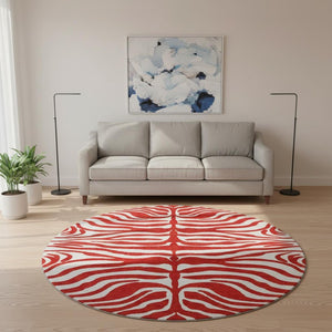 HomeRoots 8' Red And Ivory Animal Print Washable Round Rug – UV Protected, Stain Resistant, Perfect for High-Traffic Areas 681800