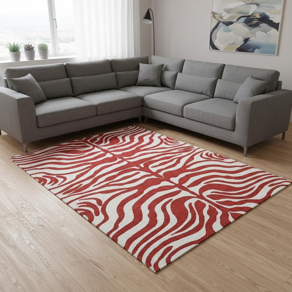 HomeRoots 10' X 14' Red And Ivory Animal Print Area Rug - Washable, UV-Protected, Durable for Homes with Kids & Pets 681803