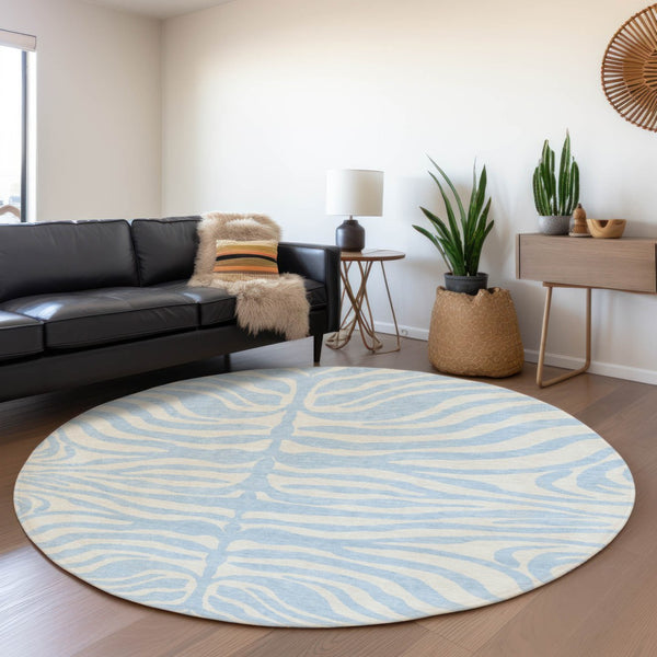 HomeRoots 8' Sky Blue & Ivory Animal Print Round Rug - Washable, UV-Protected, Durable, Ideal for Busy Homes 681806