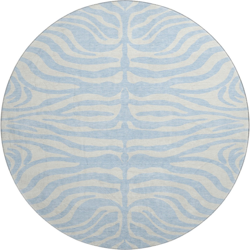 HomeRoots 8' Sky Blue & Ivory Animal Print Round Rug - Washable, UV-Protected, Durable, Ideal for Busy Homes 681806