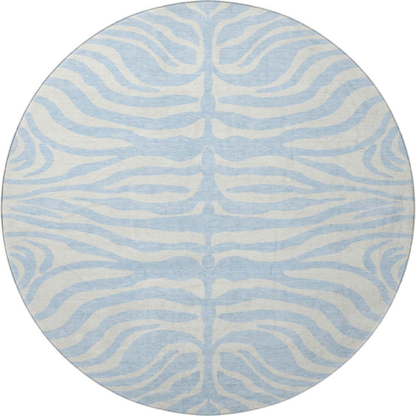 HomeRoots 8' Sky Blue & Ivory Animal Print Round Rug - Washable, UV-Protected, Durable, Ideal for Busy Homes 681806