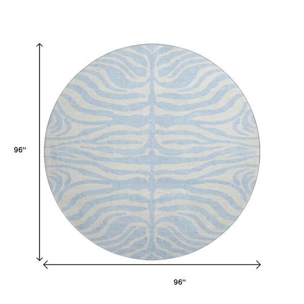 HomeRoots 8' Sky Blue & Ivory Animal Print Round Rug - Washable, UV-Protected, Durable, Ideal for Busy Homes 681806