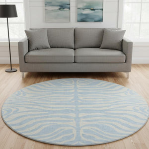 HomeRoots 8' Sky Blue & Ivory Animal Print Round Rug - Washable, UV-Protected, Durable, Ideal for Busy Homes 681806