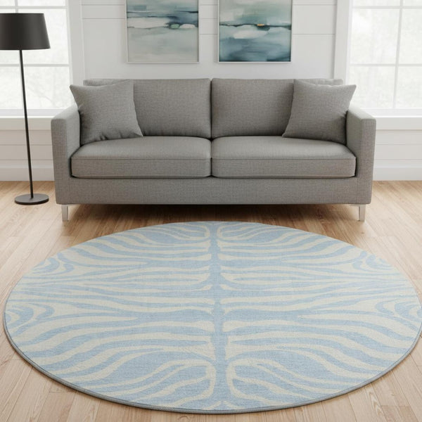 HomeRoots 8' Sky Blue & Ivory Animal Print Round Rug - Washable, UV-Protected, Durable, Ideal for Busy Homes 681806
