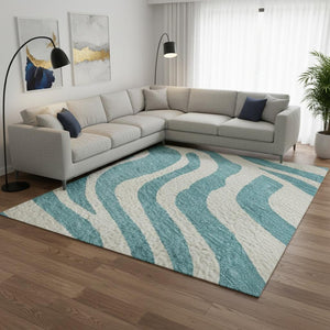 HomeRoots 9' X 12' Teal and Ivory Animal Print Area Rug - Washable, UV Protected, Perfect for Families! 681814