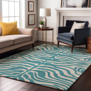 HomeRoots 9' X 12' Teal and Ivory Animal Print Area Rug - Washable, UV Protected, Perfect for Families! 681814