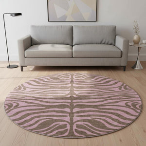 HomeRoots 8' Brown and Pink Animal Print Washable Round Rug with UV Protection – Stylish, Durable & Easy Care! 681818