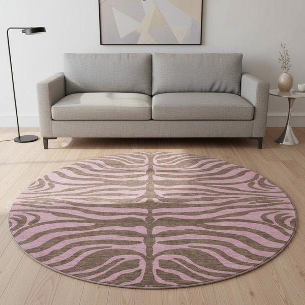 HomeRoots 8' Brown and Pink Animal Print Washable Round Rug with UV Protection – Stylish, Durable & Easy Care! 681818