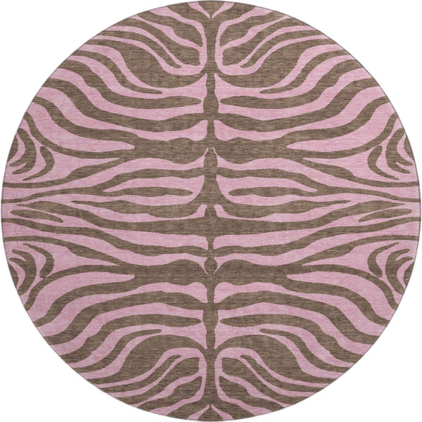 HomeRoots 8' Brown and Pink Animal Print Washable Round Rug with UV Protection – Stylish, Durable & Easy Care! 681818