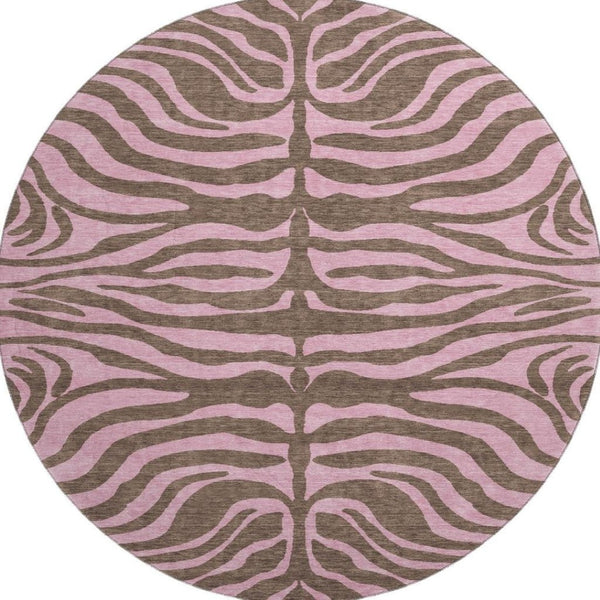 HomeRoots 8' Brown and Pink Animal Print Washable Round Rug with UV Protection – Stylish, Durable & Easy Care! 681818