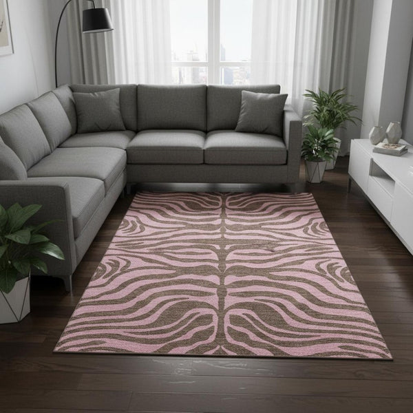 HomeRoots 9' X 12' Stylish Brown & Pink Animal Print Area Rug – Washable, UV Protected for Busy Homes! 681820